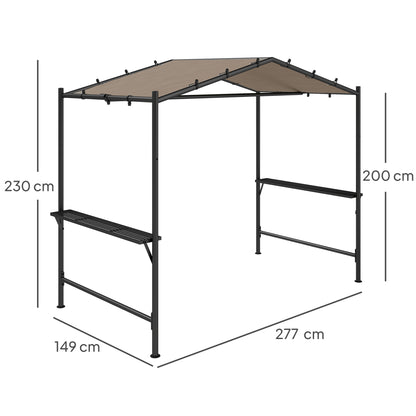 Grill Pavilion 277 x 149 x 230 cm waterproof flame-retardant garden gazebo with side shelves, garden pavilion with UV protection, BBQ pavilion made of steel, garden tent grill tent for party BBQ, Khaki