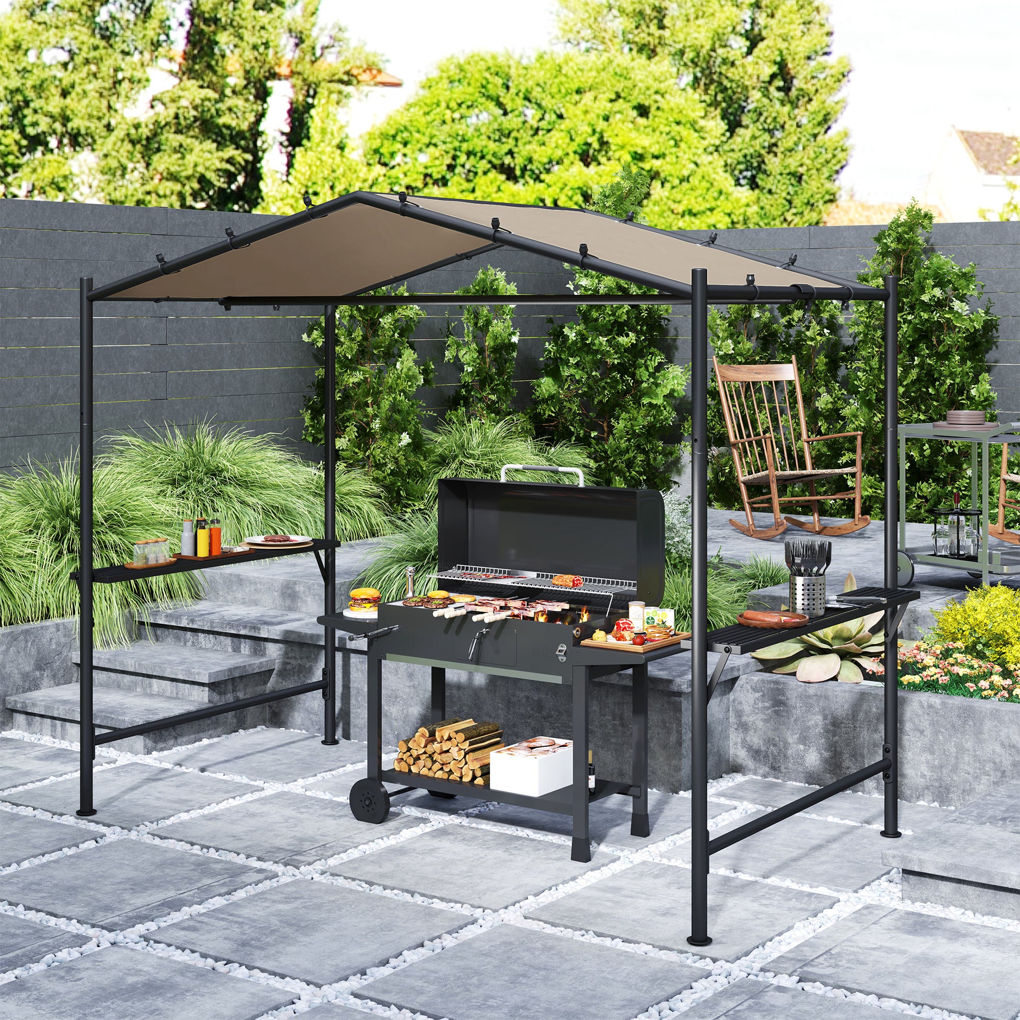 Grill Pavilion 277 x 149 x 230 cm waterproof flame-retardant garden gazebo with side shelves, garden pavilion with UV protection, BBQ pavilion made of steel, garden tent grill tent for party BBQ, Khaki