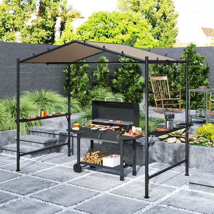 Grill Pavilion 277 x 149 x 230 cm waterproof flame-retardant garden gazebo with side shelves, garden pavilion with UV protection, BBQ pavilion made of steel, garden tent grill tent for party BBQ, Khaki