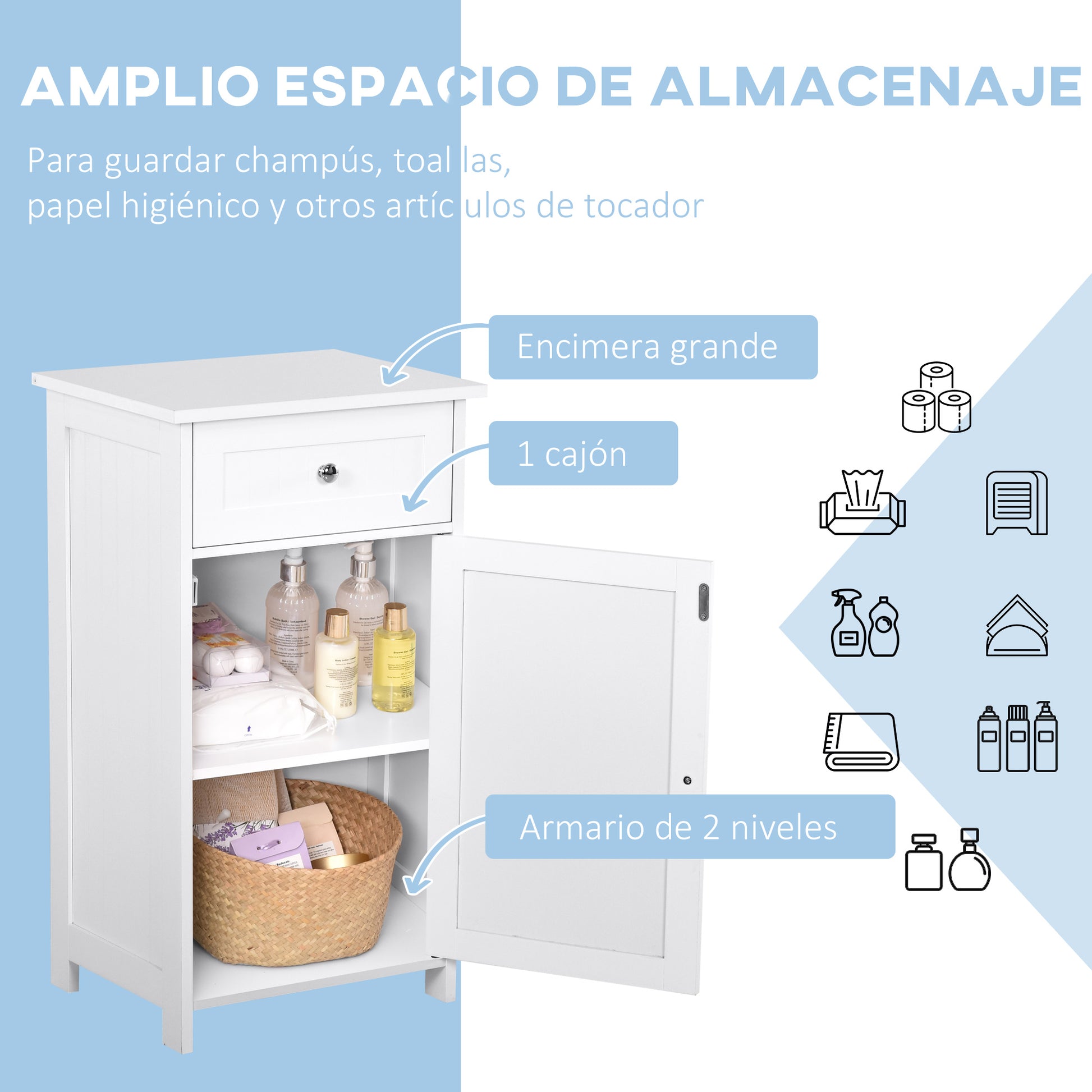 Bathroom Cabinet with 1 Drawer 1 Door and Adjustable Interior Shelf Storage Unit for Living Room Kitchen Antitopple 43x34x77 cm White