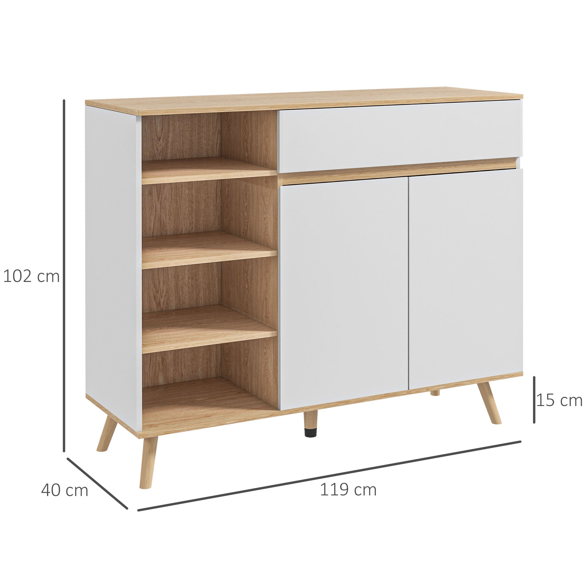Scandinavian Style Adjustable Shelf Storage Cabinet with Double Door Cupboard, 1 Drawer, and 4 Shelves 119 x 40 x 102 cm White