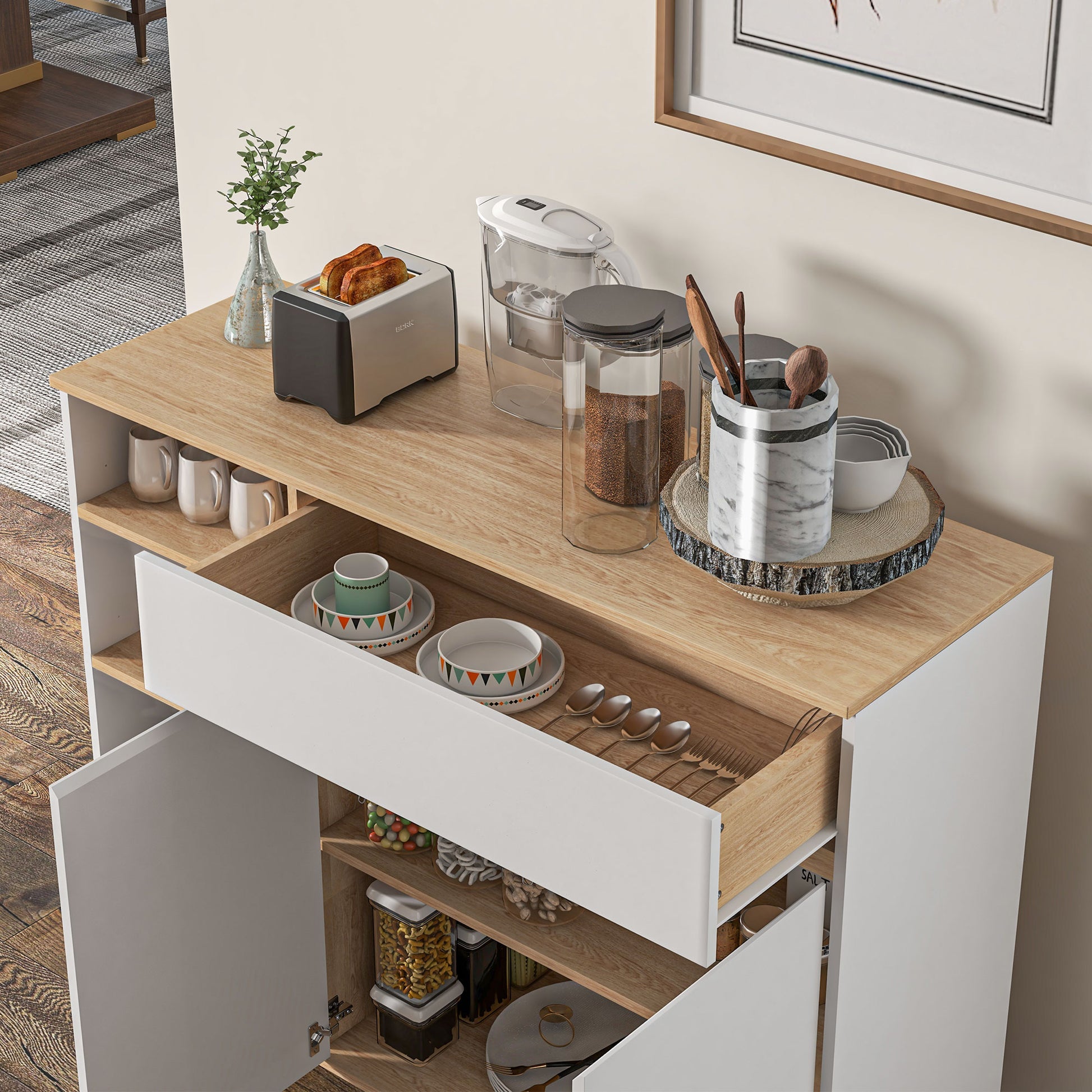 Scandinavian Style Adjustable Shelf Storage Cabinet with Double Door Cupboard, 1 Drawer, and 4 Shelves 119 x 40 x 102 cm White