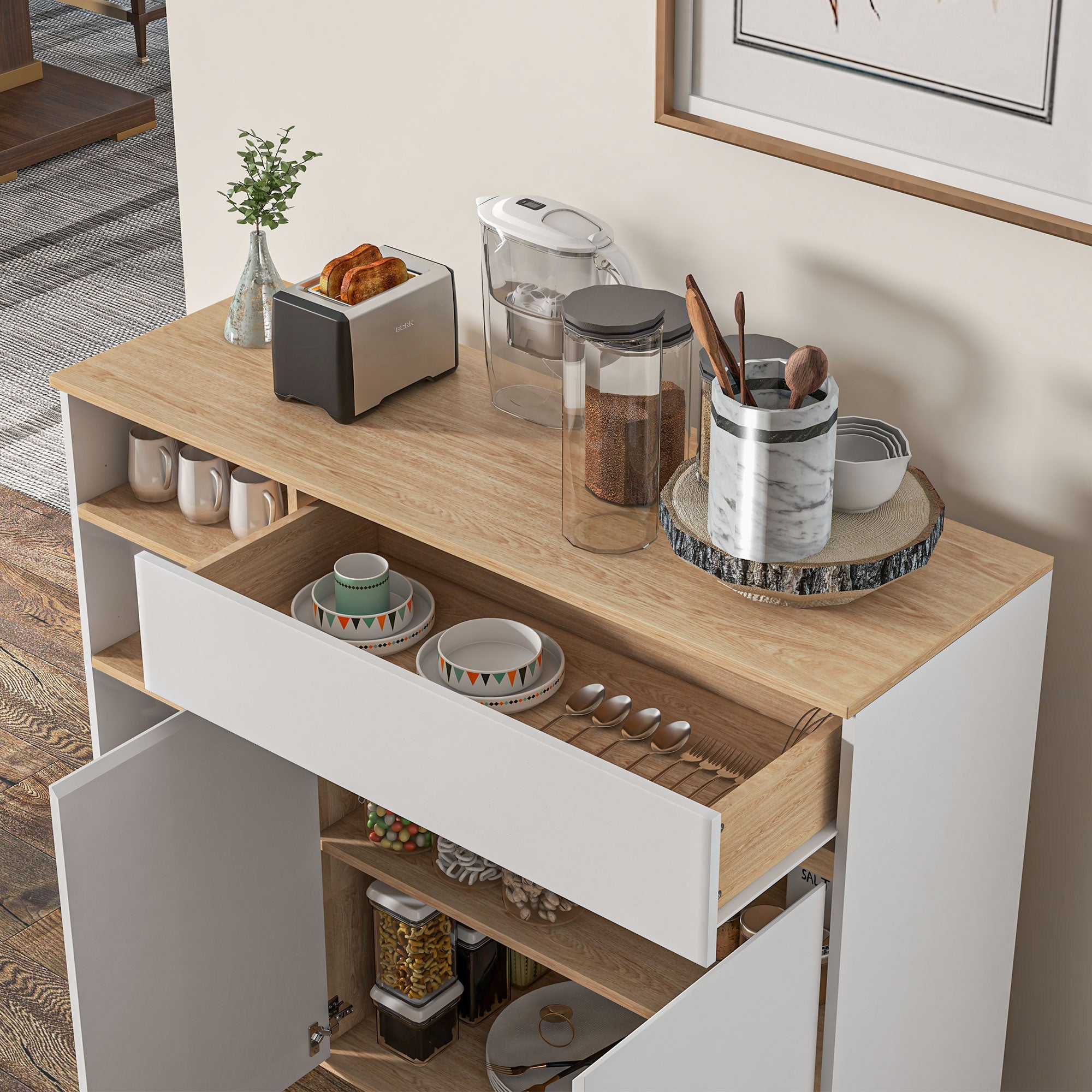 Scandinavian Style Adjustable Shelf Storage Cabinet with Double Door Cupboard, 1 Drawer, and 4 Shelves 119 x 40 x 102 cm White