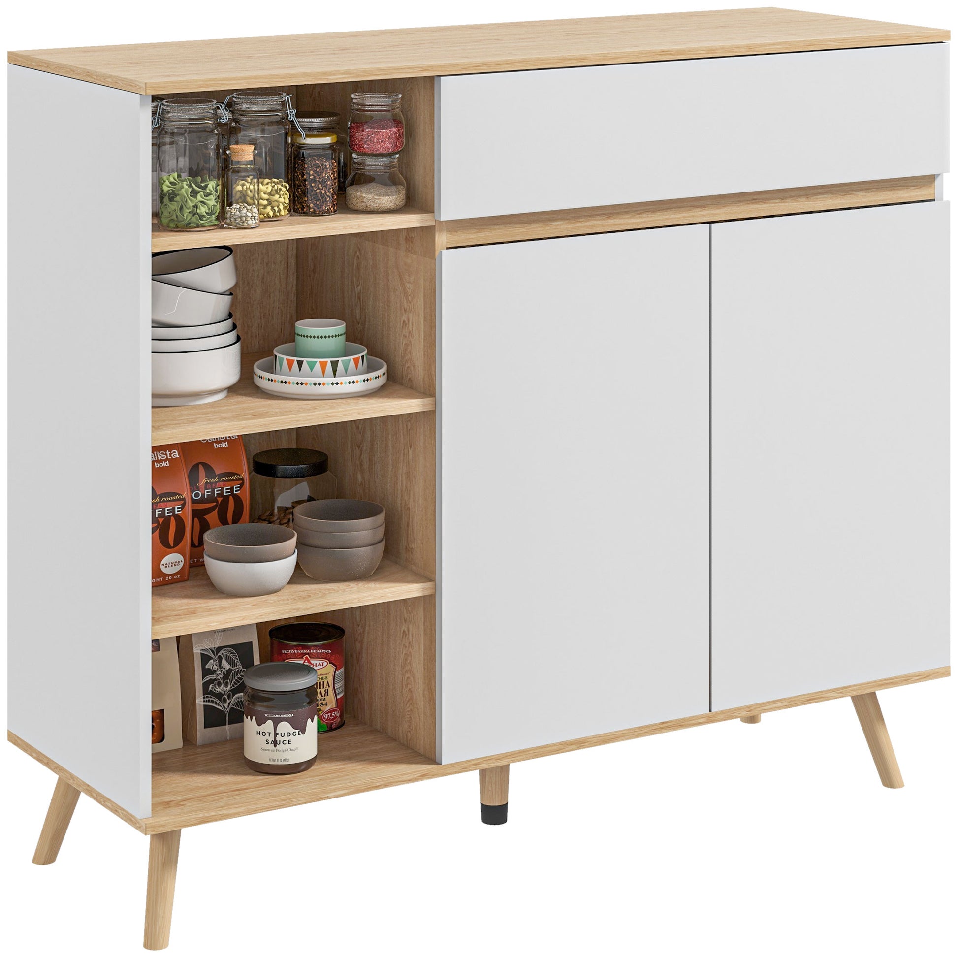 Scandinavian Style Adjustable Shelf Storage Cabinet with Double Door Cupboard, 1 Drawer, and 4 Shelves 119 x 40 x 102 cm White