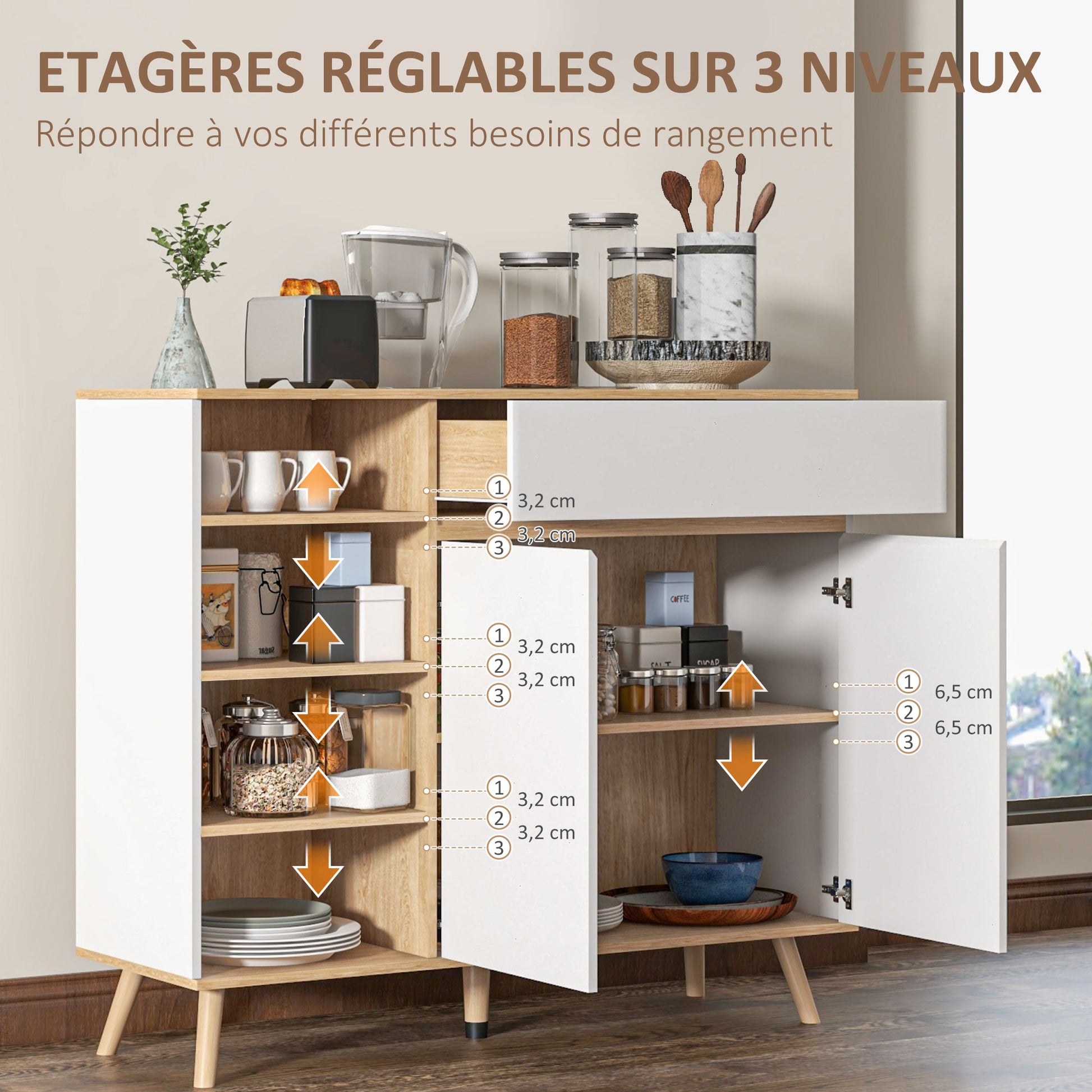 Scandinavian Style Adjustable Shelf Storage Cabinet with Double Door Cupboard, 1 Drawer, and 4 Shelves 119 x 40 x 102 cm White