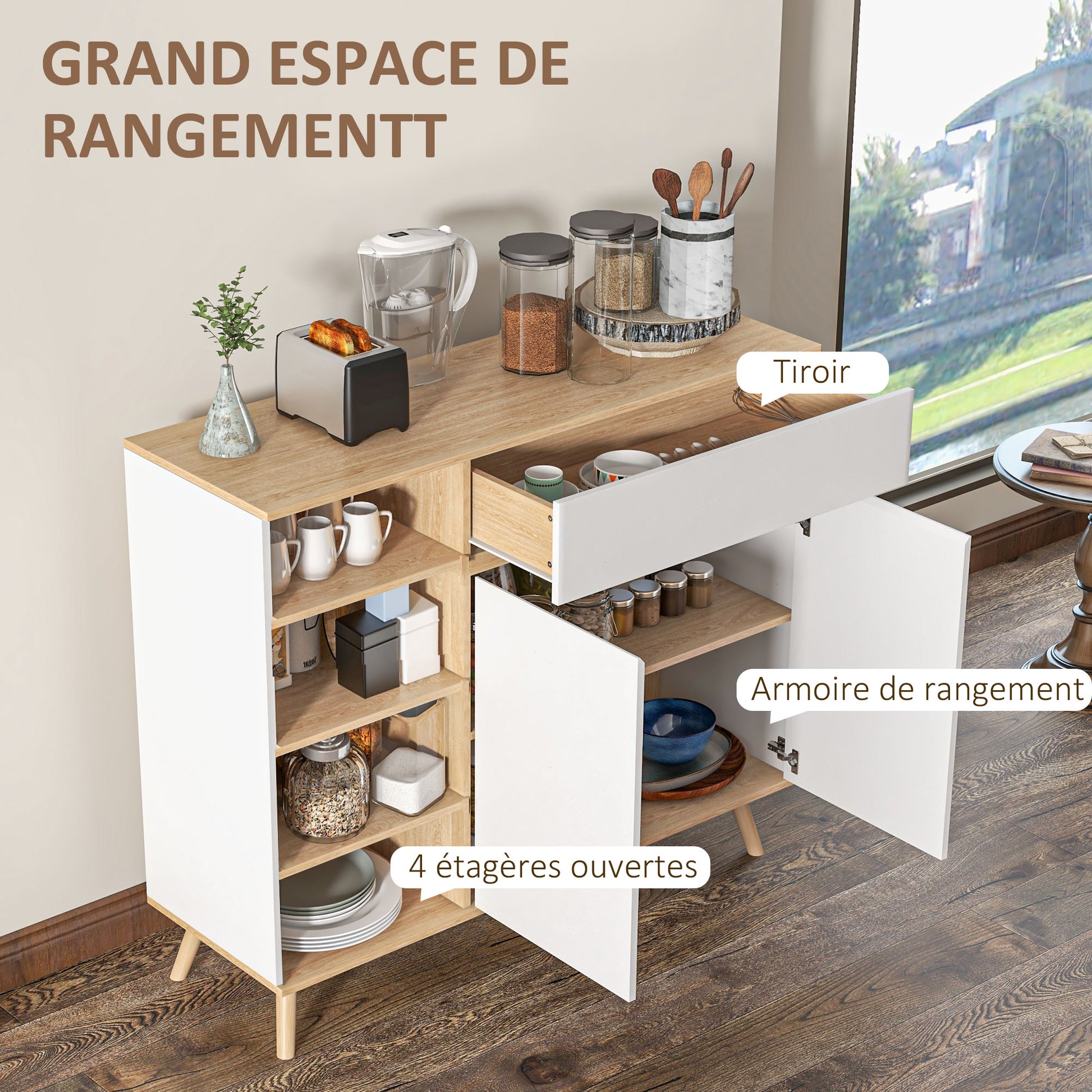 Scandinavian Style Adjustable Shelf Storage Cabinet with Double Door Cupboard, 1 Drawer, and 4 Shelves 119 x 40 x 102 cm White