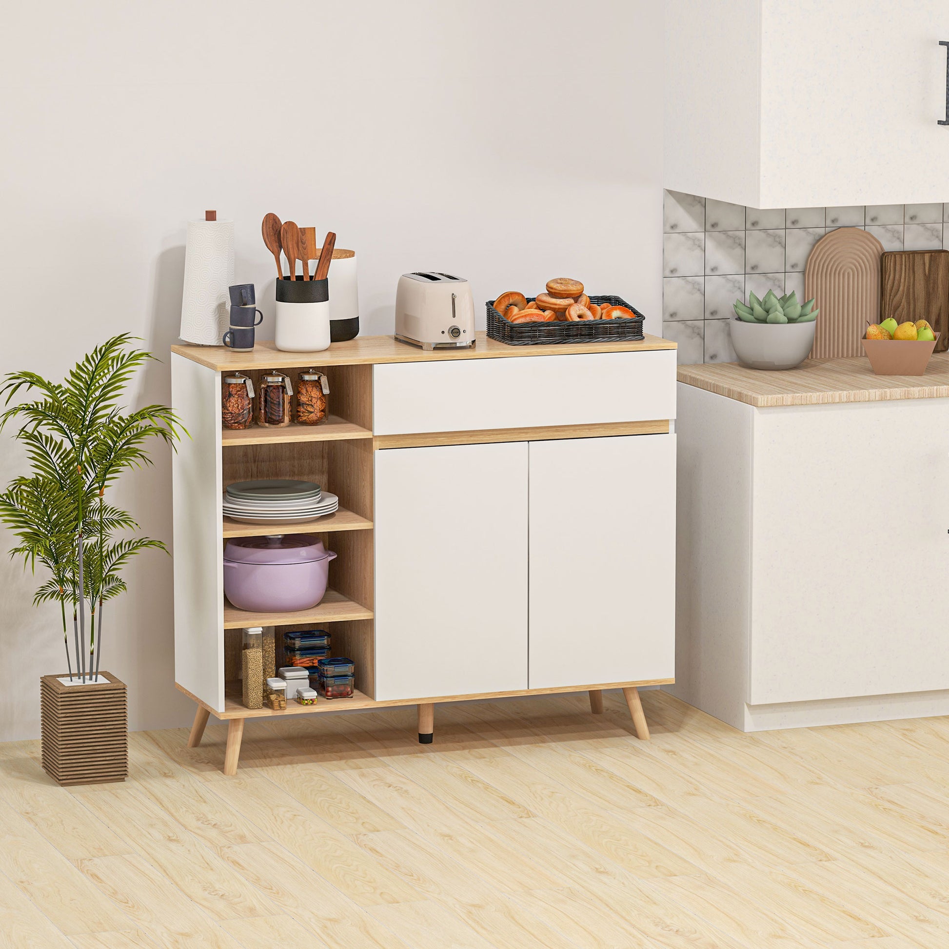 Scandinavian Style Adjustable Shelf Storage Cabinet with Double Door Cupboard, 1 Drawer, and 4 Shelves 119 x 40 x 102 cm White