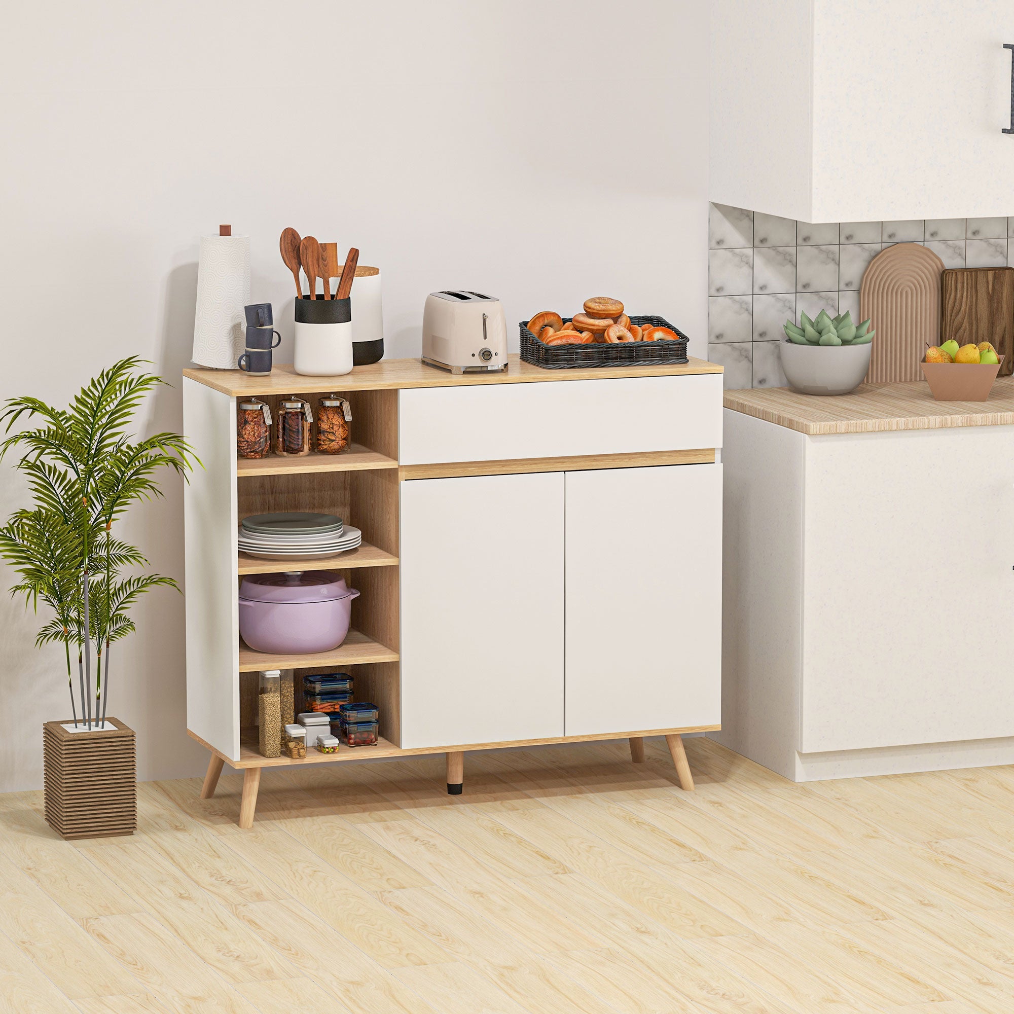 Scandinavian Style Adjustable Shelf Storage Cabinet with Double Door Cupboard, 1 Drawer, and 4 Shelves 119 x 40 x 102 cm White