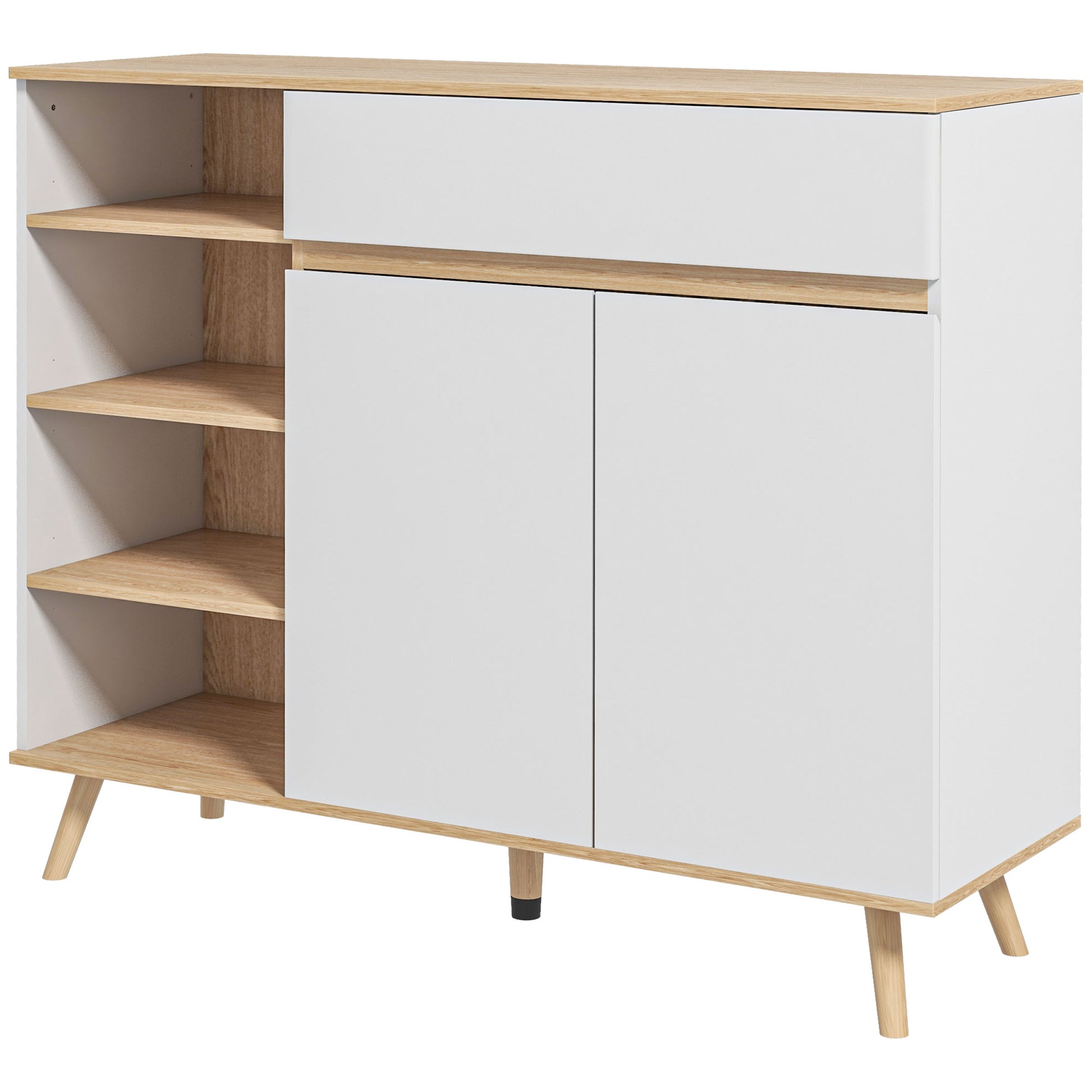 Scandinavian Style Adjustable Shelf Storage Cabinet with Double Door Cupboard, 1 Drawer, and 4 Shelves 119 x 40 x 102 cm White