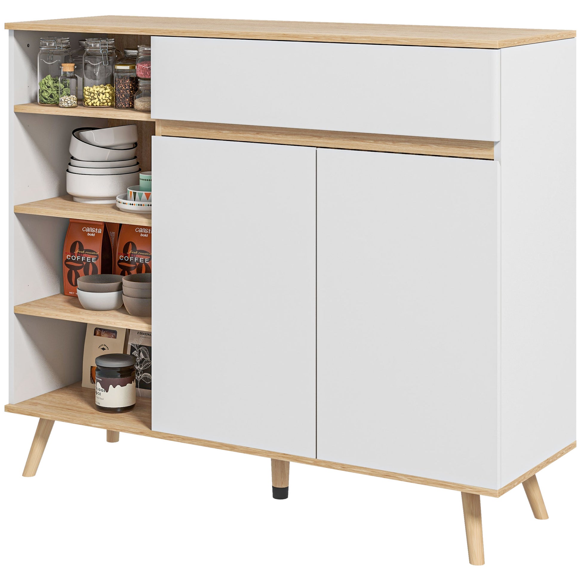 Scandinavian Style Adjustable Shelf Storage Cabinet with Double Door Cupboard, 1 Drawer, and 4 Shelves 119 x 40 x 102 cm White