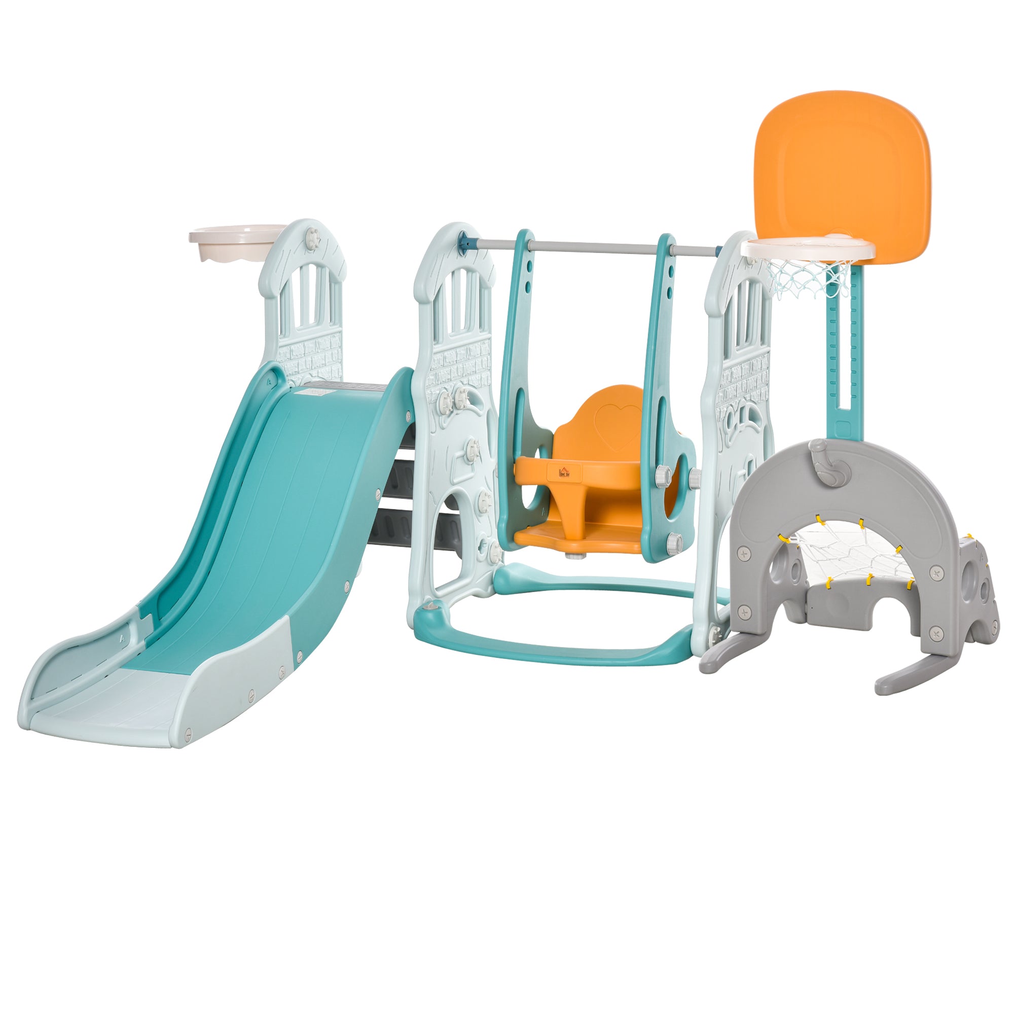 5 in 1 Slide and Swing for Kids +18 Months with 2 Basketball Hoops Soccer Goal with Adjustable Seat Indoor and Outdoor Playground 210x186x133 cm Multicolor