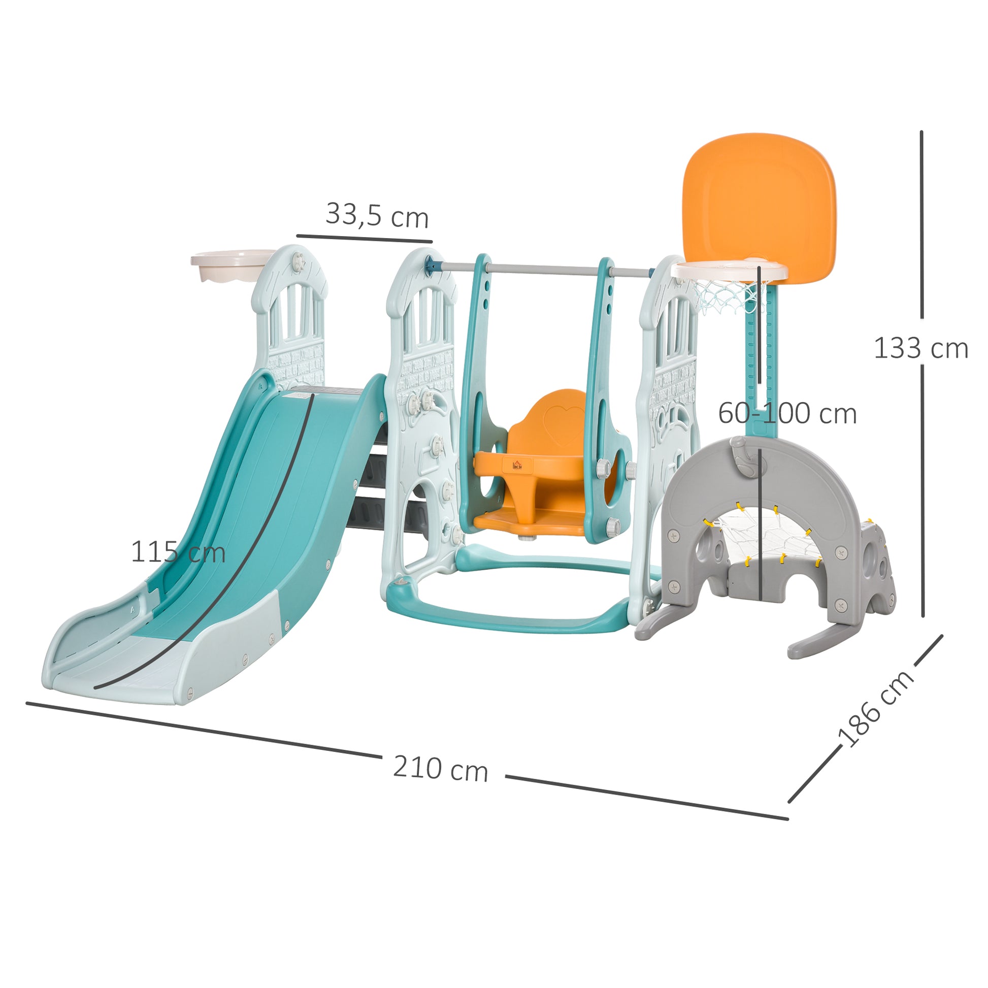 5 in 1 Slide and Swing for Kids +18 Months with 2 Basketball Hoops Soccer Goal with Adjustable Seat Indoor and Outdoor Playground 210x186x133 cm Multicolor