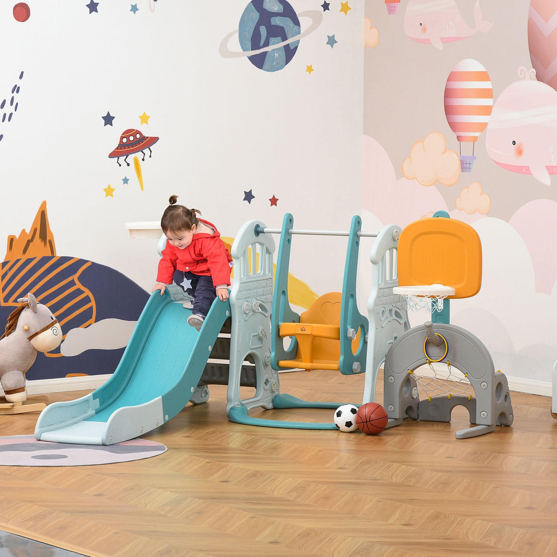 5 in 1 Slide and Swing for Kids +18 Months with 2 Basketball Hoops Soccer Goal with Adjustable Seat Indoor and Outdoor Playground 210x186x133 cm Multicolor