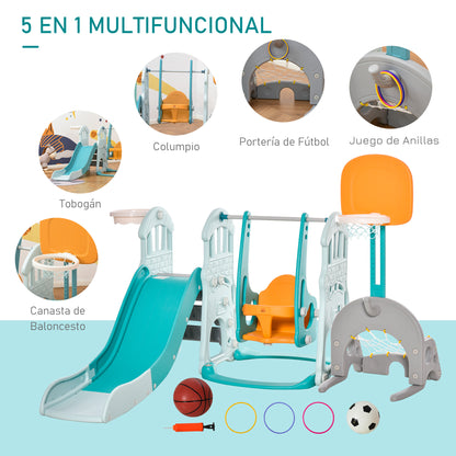 5 in 1 Slide and Swing for Kids +18 Months with 2 Basketball Hoops Soccer Goal with Adjustable Seat Indoor and Outdoor Playground 210x186x133 cm Multicolor