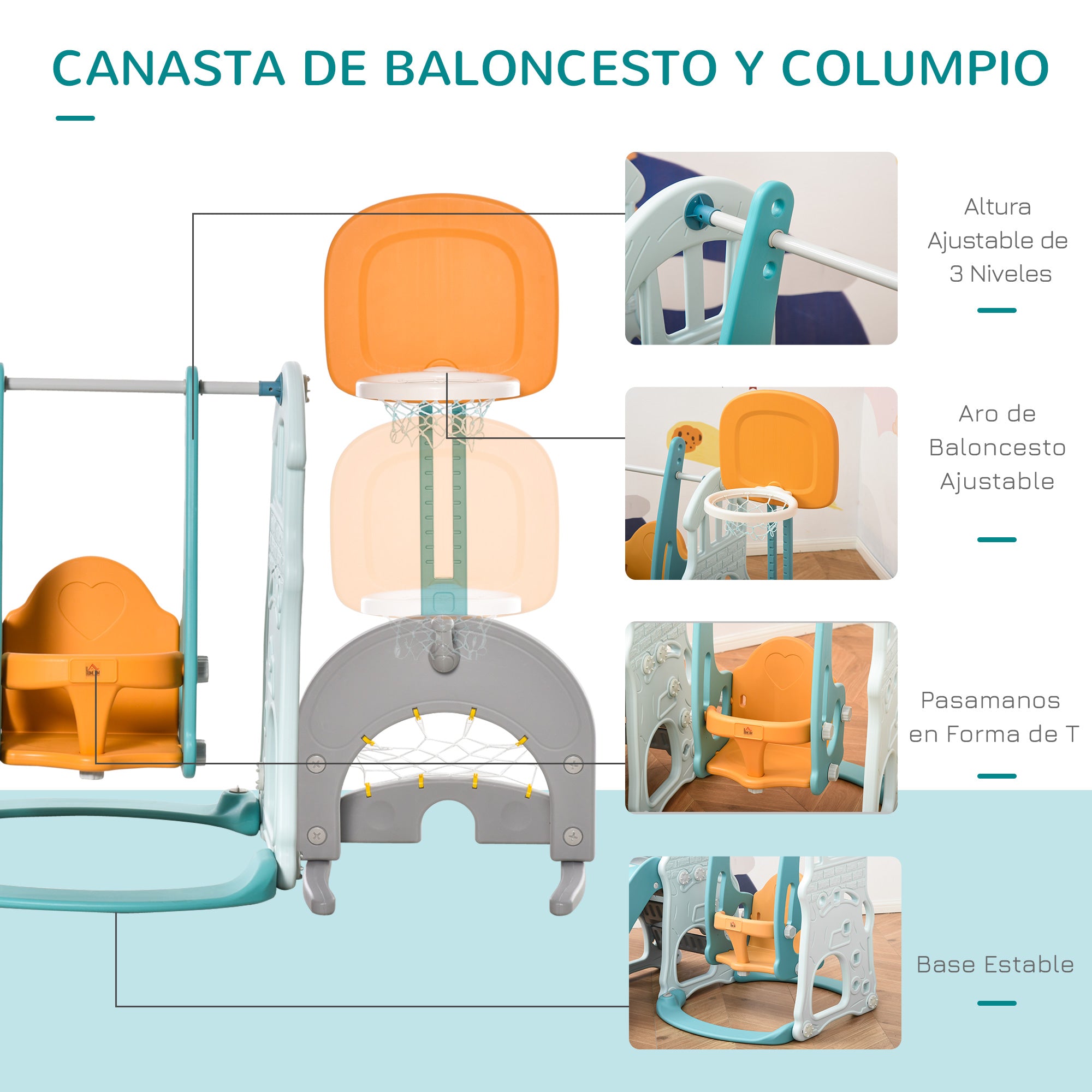 5 in 1 Slide and Swing for Kids +18 Months with 2 Basketball Hoops Soccer Goal with Adjustable Seat Indoor and Outdoor Playground 210x186x133 cm Multicolor