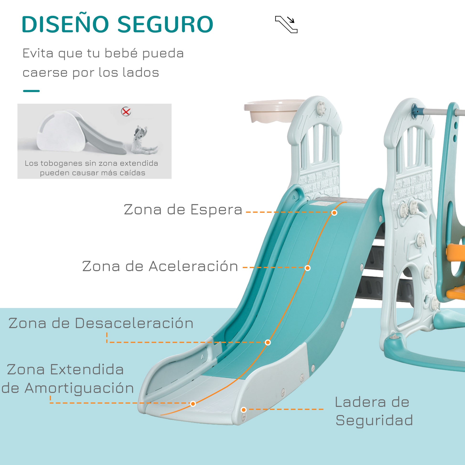 5 in 1 Slide and Swing for Kids +18 Months with 2 Basketball Hoops Soccer Goal with Adjustable Seat Indoor and Outdoor Playground 210x186x133 cm Multicolor