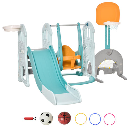 5 in 1 Slide and Swing for Kids +18 Months with 2 Basketball Hoops Soccer Goal with Adjustable Seat Indoor and Outdoor Playground 210x186x133 cm Multicolor