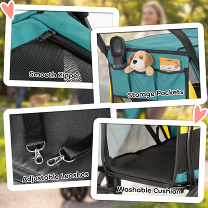 Foldable Dog Stroller / Pet Buggy — For Cats & Dogs up to 44 lb with Cushion, Mesh Windows, Rear Pocket, 360° Swivel Wheels with Brake, Door — Medium Dogs, Dark Green