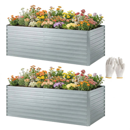 Galvanized Steel Raised Bed 2-Pack 180 x 90 x 60 cm (71 x 35 x 24 in) — Rectangular Deep Planters with Support Rods, Open Bottom, Gloves, Raised Bed Kit for Vegetables, Fruit, Flowers, Herbs — Silver