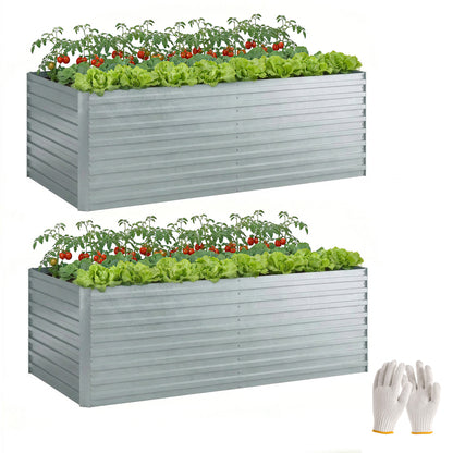 Galvanized Steel Raised Bed 2-Pack 180 x 90 x 60 cm (71 x 35 x 24 in) — Rectangular Deep Planters with Support Rods, Open Bottom, Gloves, Raised Bed Kit for Vegetables, Fruit, Flowers, Herbs — Silver