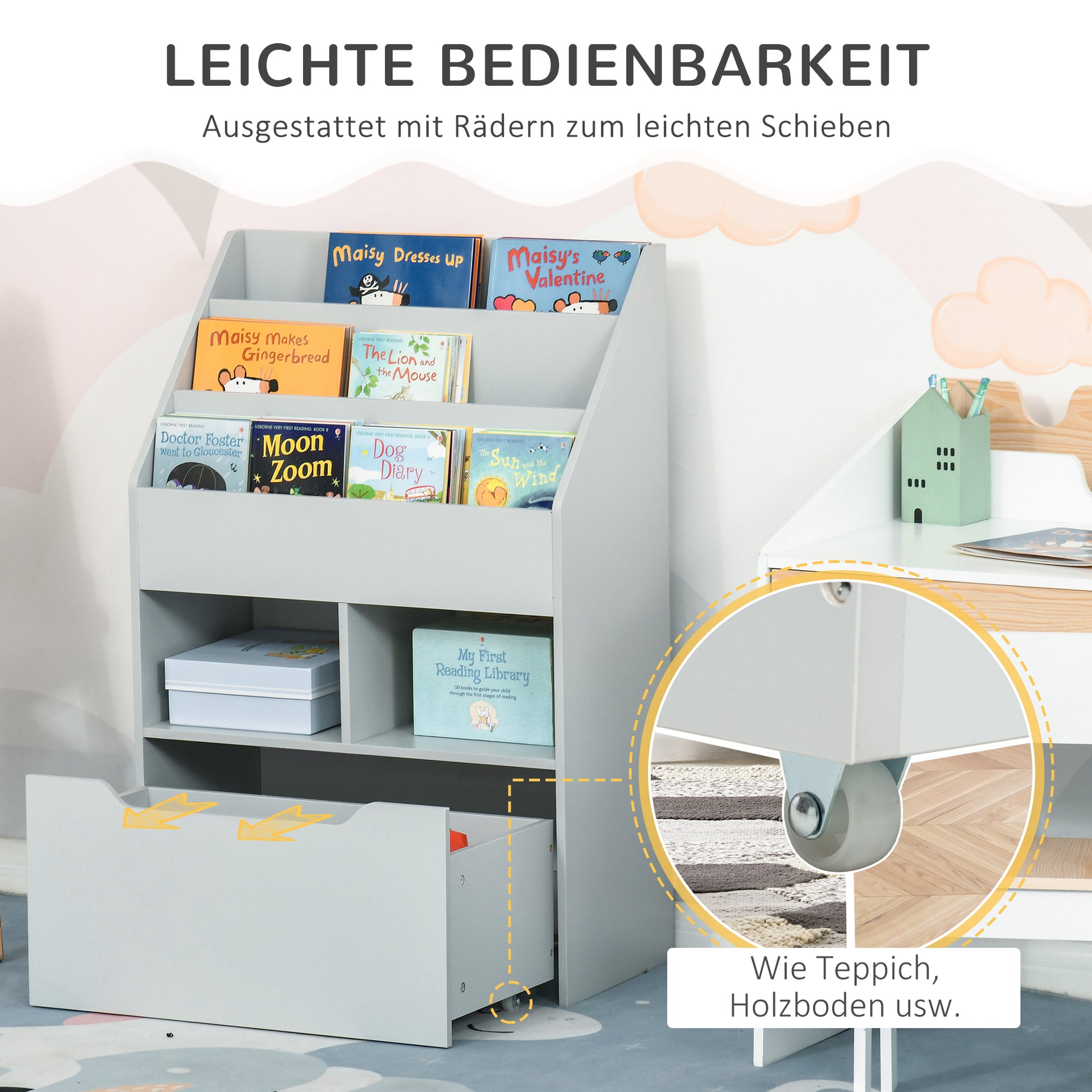 Children's Bookshelf Children's Shelf with Drawer, 3 Shelves, and 2 Open Compartments, Storage Shelf for Children's Room, Playroom, Gray, 60 x 29.9 x 90 cm