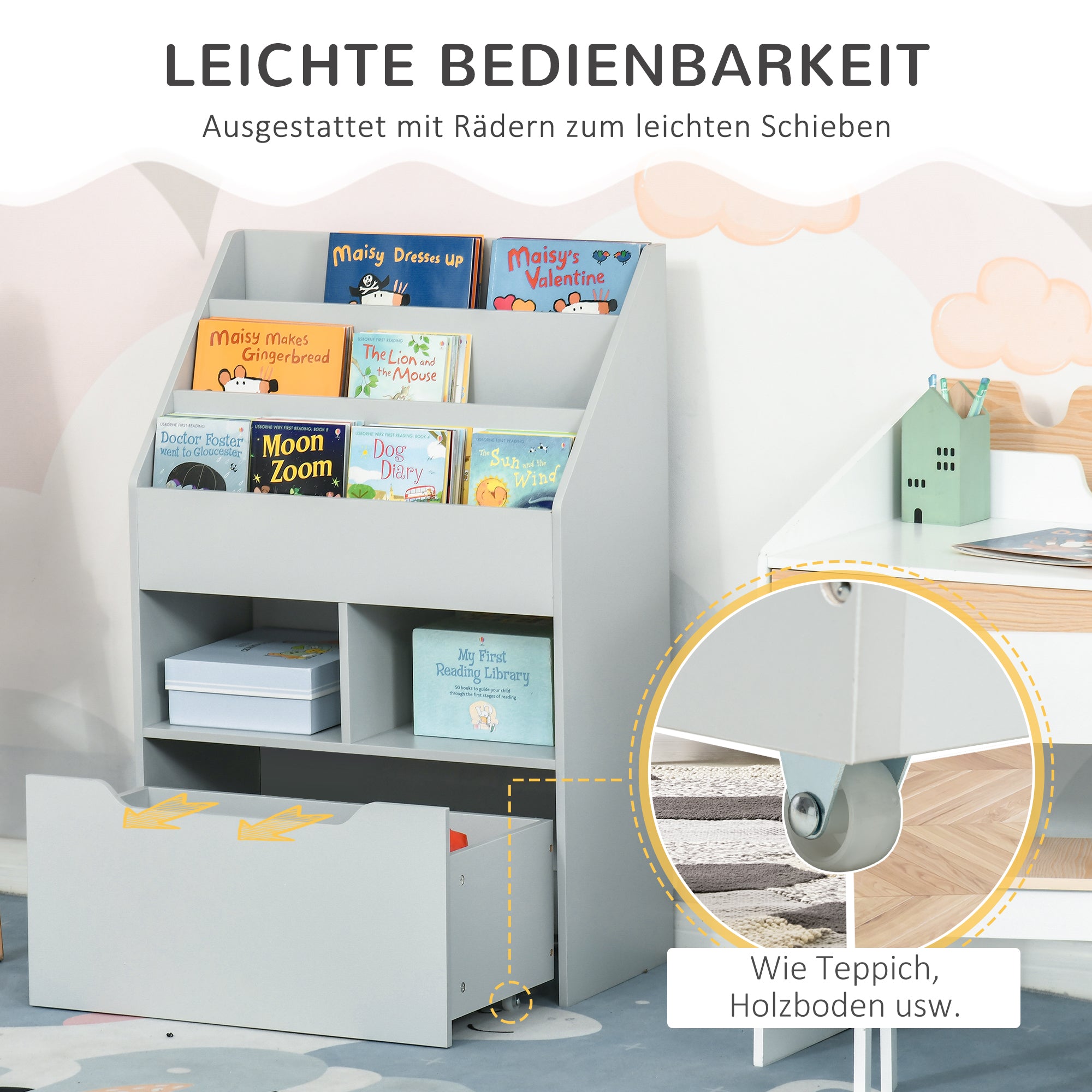 Children's Bookshelf Children's Shelf with Drawer, 3 Shelves, and 2 Open Compartments, Storage Shelf for Children's Room, Playroom, Gray, 60 x 29.9 x 90 cm