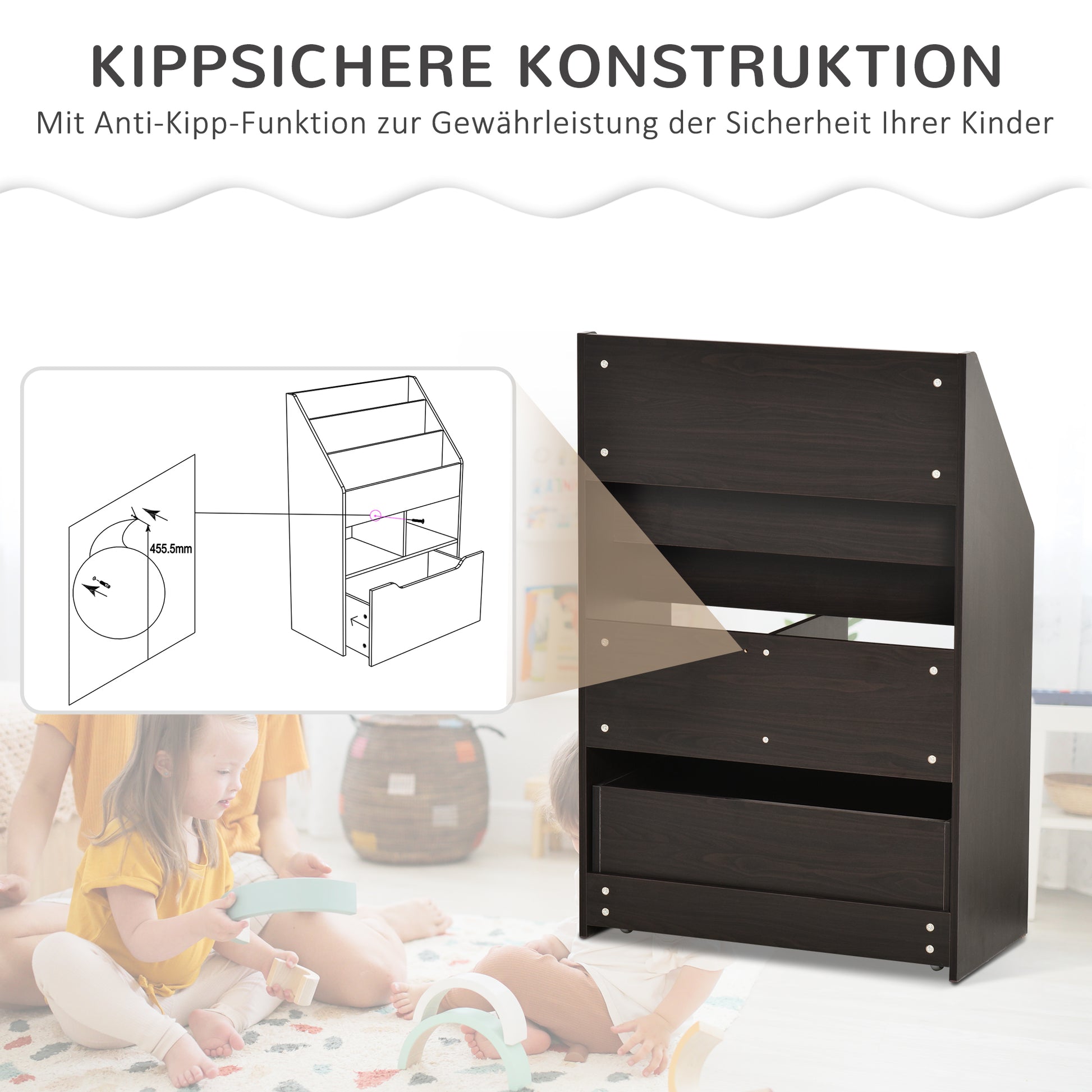 Children's Bookshelf Children's Shelf with Drawer, 3 Shelves, and 2 Open Compartments, Storage Shelf for Children's Room, Playroom, Gray, 60 x 29.9 x 90 cm