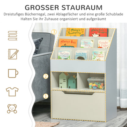 Children's Bookshelf Children's Shelf with Drawer, 3 Shelves, and 2 Open Compartments, Storage Shelf for Children's Room, Playroom, Gray, 60 x 29.9 x 90 cm