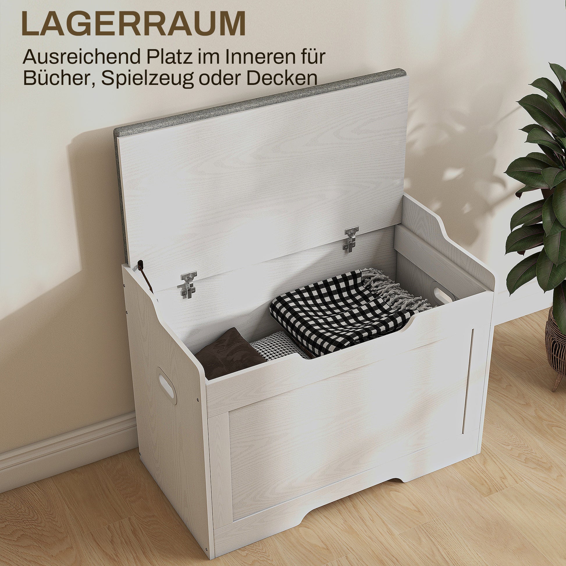 Chest Bench with Storage, Storage Bench with Lid and Seat Cushion, Chest Bench, Seat Chest for Hallway, Bedroom, Living Room, 75cm x 40cm x 56 cm, White