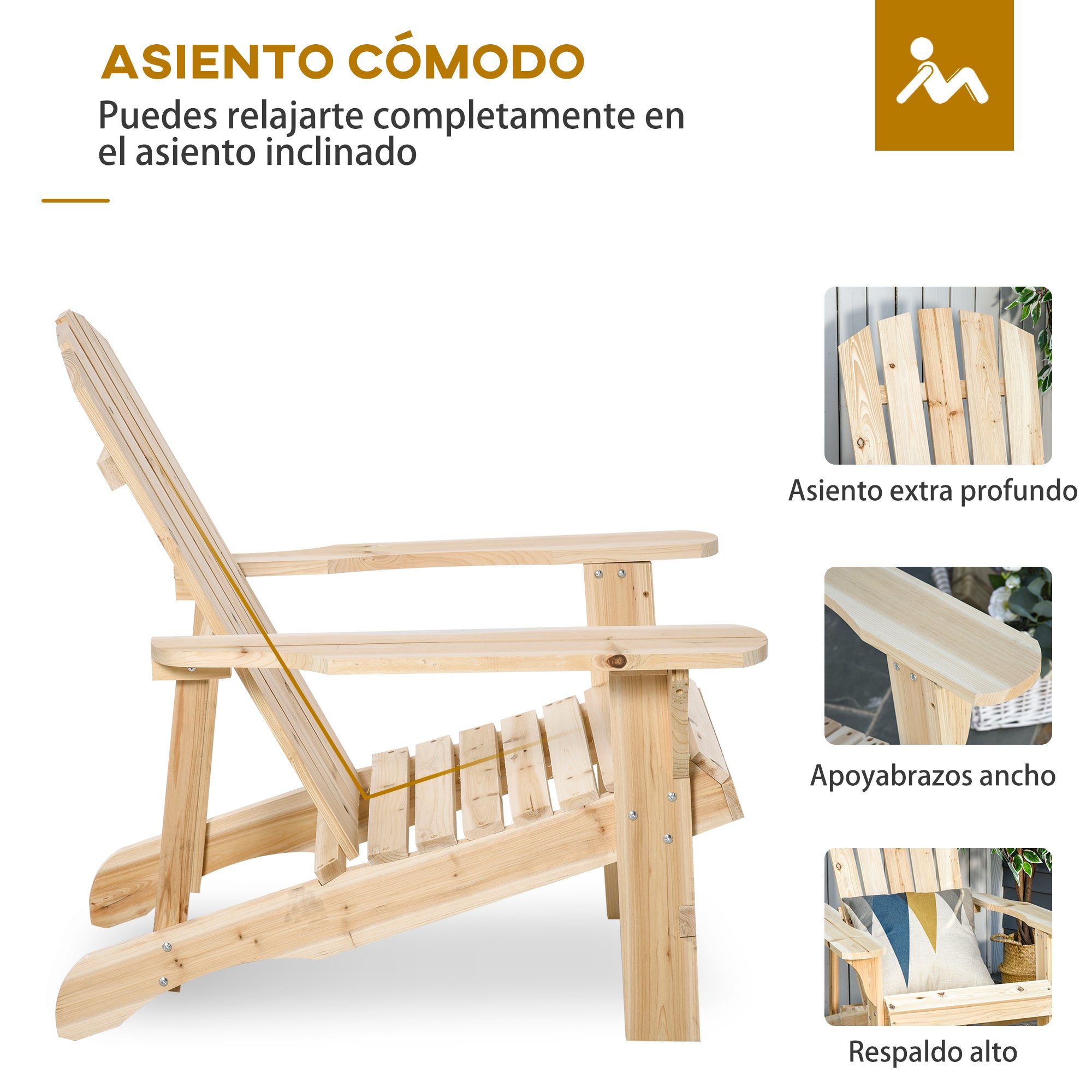 Adirondack Wood Chair Garden Chair with Extra Wide Seat 150 kg Load for Patio Terrace Balcony 78x89x88 cm Natural