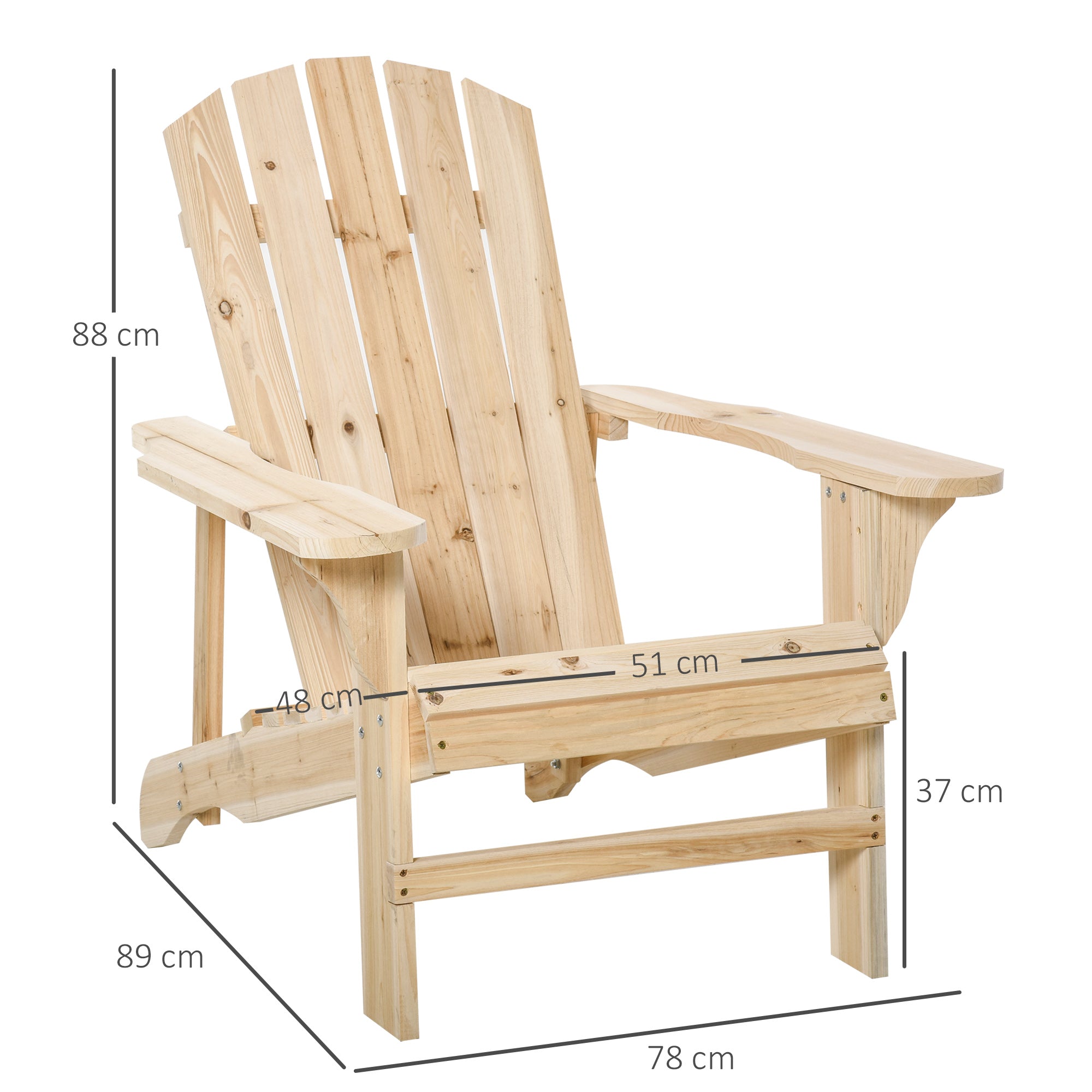 Adirondack Wood Chair Garden Chair with Extra Wide Seat 150 kg Load for Patio Terrace Balcony 78x89x88 cm Natural