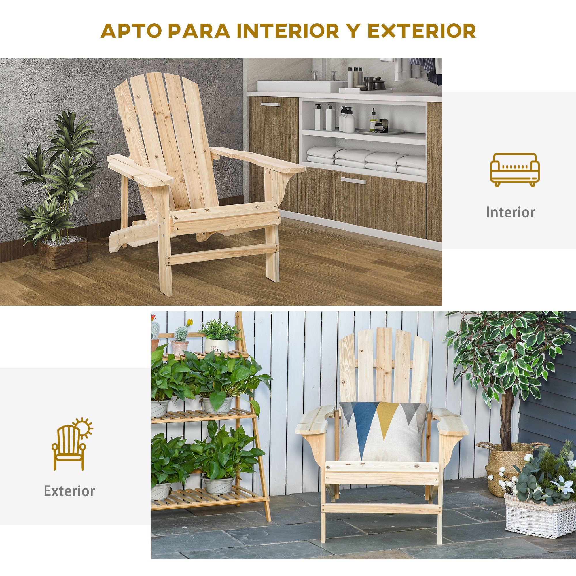 Adirondack Wood Chair Garden Chair with Extra Wide Seat 150 kg Load for Patio Terrace Balcony 78x89x88 cm Natural