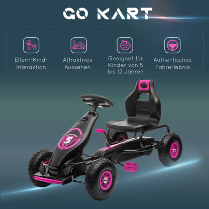Go-Kart, Children's Vehicle with Adjustable Seat, Pedal Car with Rubber Tires, Pedal and Hand Brake, Kettcar for 5-12 Year Olds, Outdoor, Pink