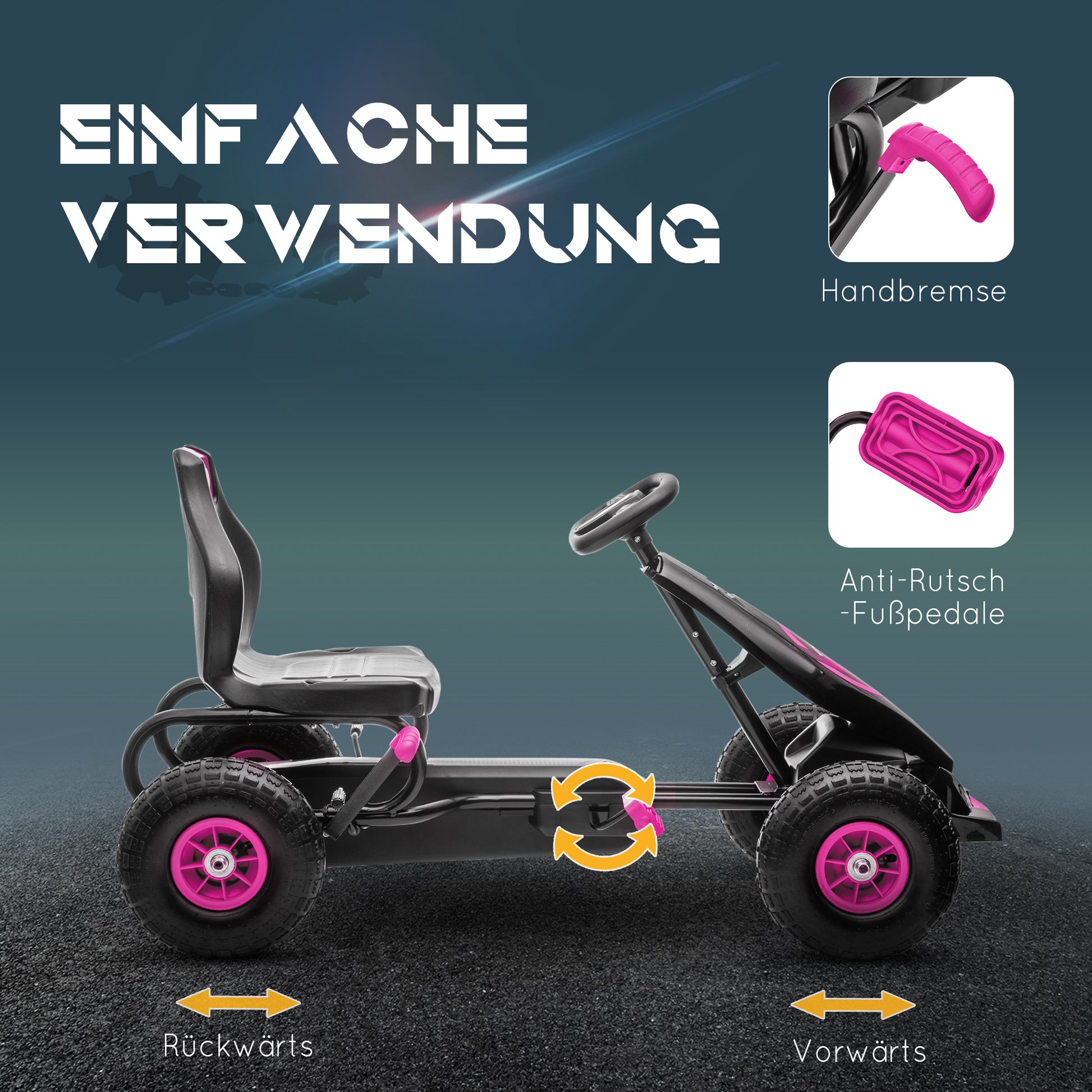 Go-Kart, Children's Vehicle with Adjustable Seat, Pedal Car with Rubber Tires, Pedal and Hand Brake, Kettcar for 5-12 Year Olds, Outdoor, Pink