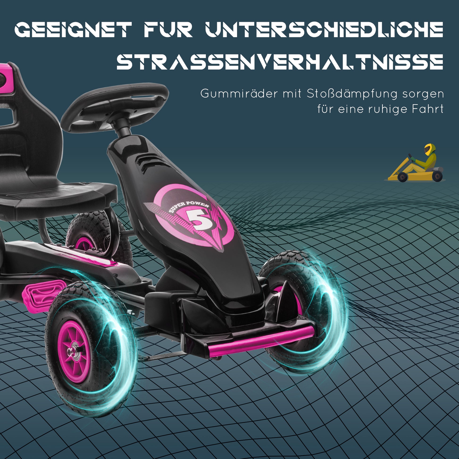 Go-Kart, Children's Vehicle with Adjustable Seat, Pedal Car with Rubber Tires, Pedal and Hand Brake, Kettcar for 5-12 Year Olds, Outdoor, Pink