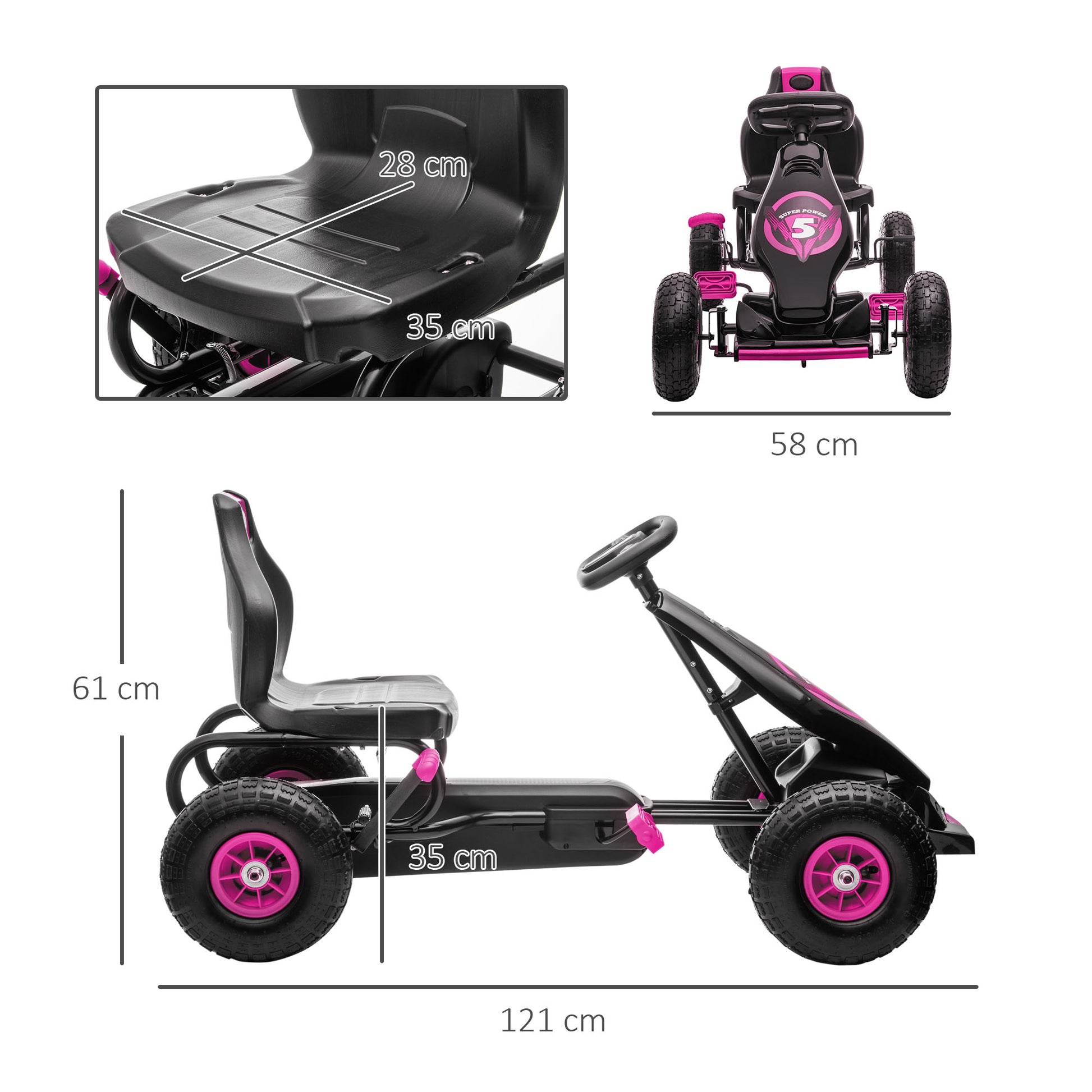 Go-Kart, Children's Vehicle with Adjustable Seat, Pedal Car with Rubber Tires, Pedal and Hand Brake, Kettcar for 5-12 Year Olds, Outdoor, Pink