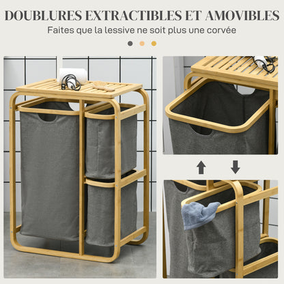 Bamboo Laundry Basket Storage Basket Laundry Basket with 3 Removable and Sliding Non-woven Fabric Baskets - 49L x 33W x 70H cm Gray