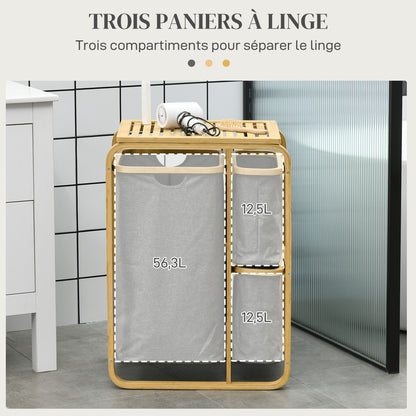 Bamboo Laundry Basket Storage Basket Laundry Basket with 3 Removable and Sliding Non-woven Fabric Baskets - 49L x 33W x 70H cm Gray