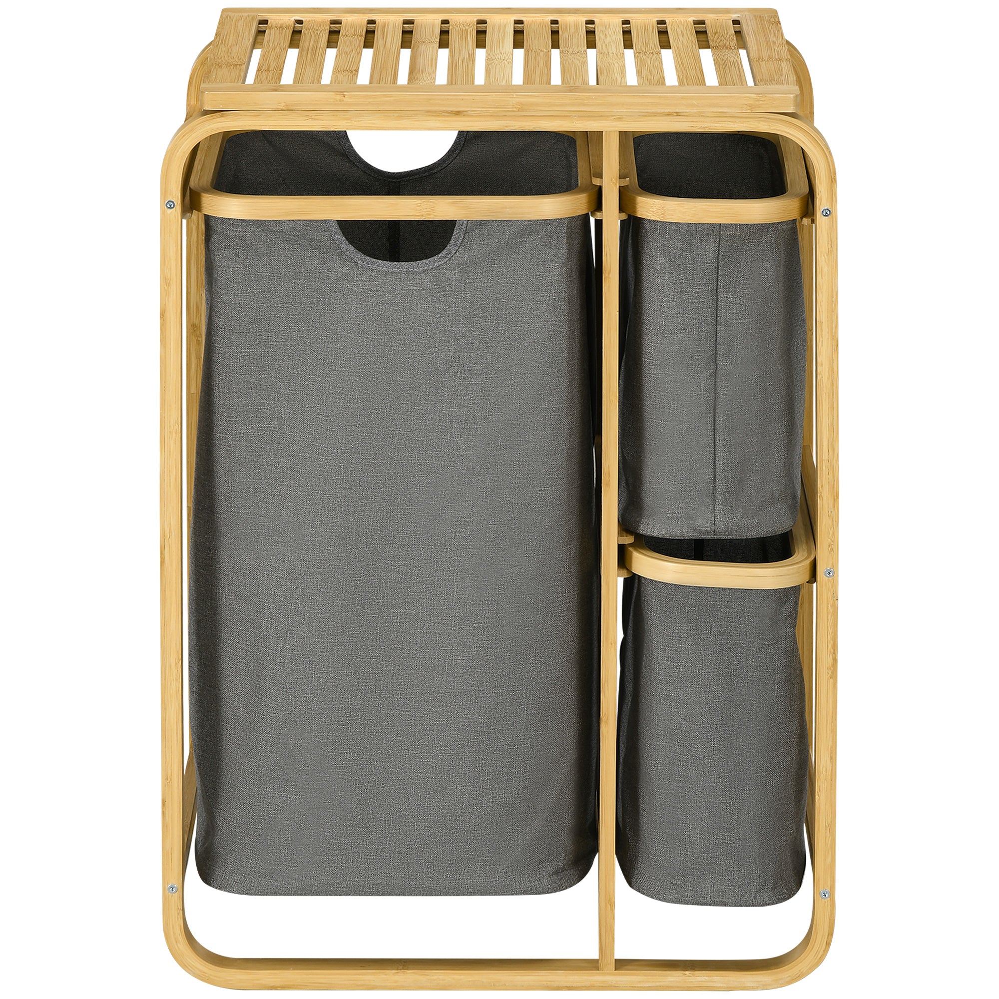 Bamboo Laundry Basket Storage Basket Laundry Basket with 3 Removable and Sliding Non-woven Fabric Baskets - 49L x 33W x 70H cm Gray