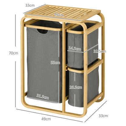 Bamboo Laundry Basket Storage Basket Laundry Basket with 3 Removable and Sliding Non-woven Fabric Baskets - 49L x 33W x 70H cm Gray