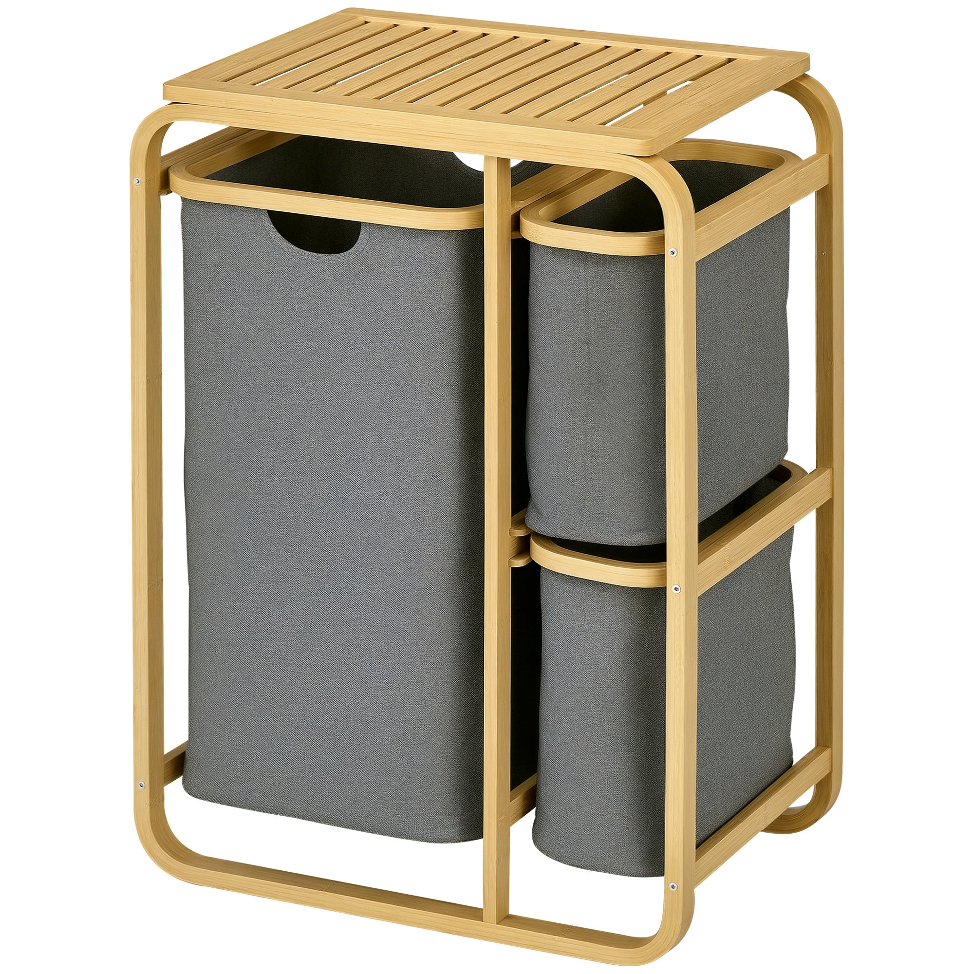 Bamboo Laundry Basket Storage Basket Laundry Basket with 3 Removable and Sliding Non-woven Fabric Baskets - 49L x 33W x 70H cm Gray