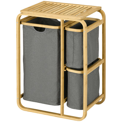 Bamboo Laundry Basket Storage Basket Laundry Basket with 3 Removable and Sliding Non-woven Fabric Baskets - 49L x 33W x 70H cm Gray