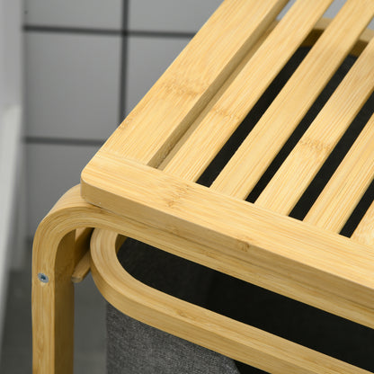 Bamboo Laundry Basket Storage Basket Laundry Basket with 3 Removable and Sliding Non-woven Fabric Baskets - 49L x 33W x 70H cm Gray