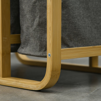 Bamboo Laundry Basket Storage Basket Laundry Basket with 3 Removable and Sliding Non-woven Fabric Baskets - 49L x 33W x 70H cm Gray