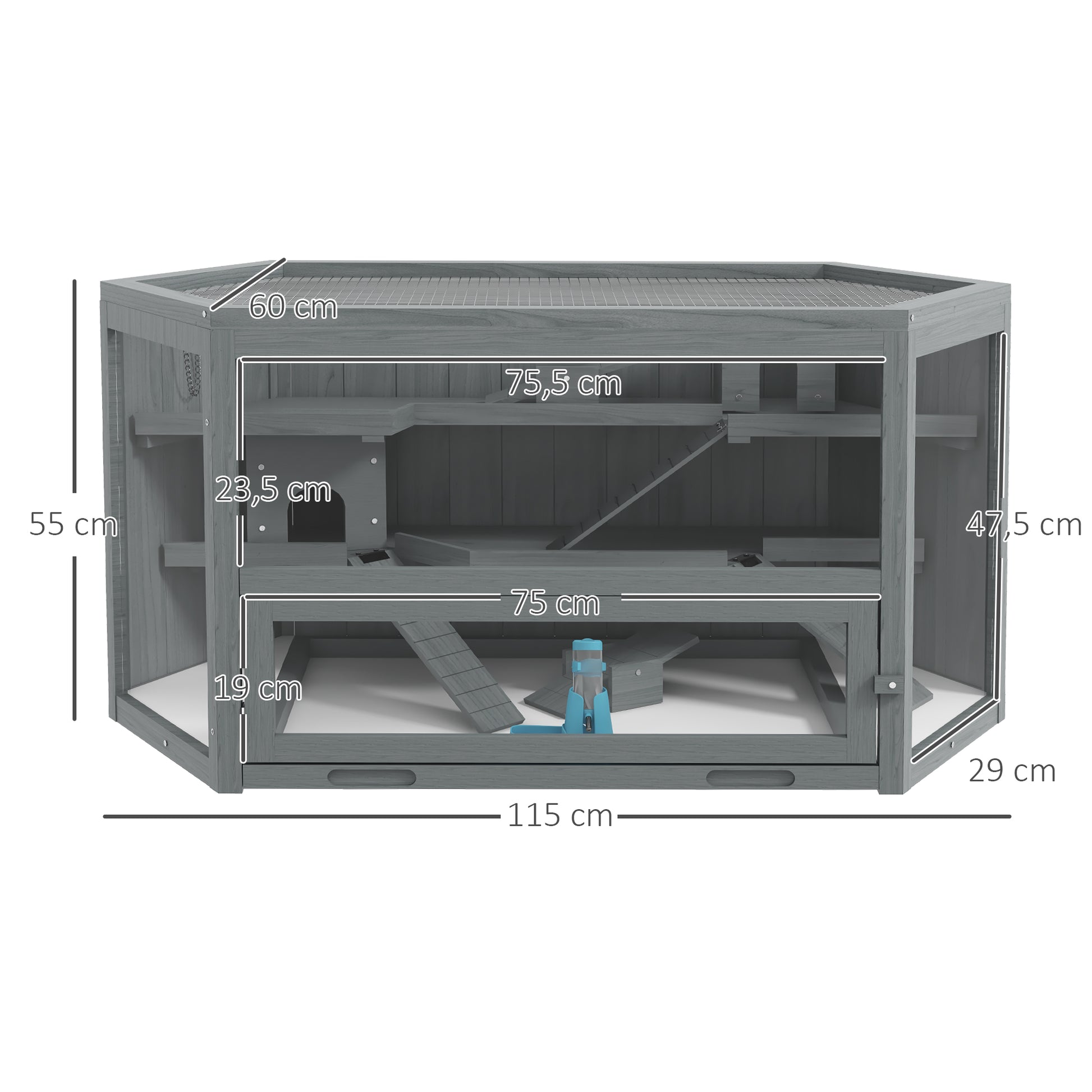 Hamster Cage made of wood 3 floors rodent enclosure small animal cage with foldable lid viewing window ramp food bowl accessories, small animal hutch wooden cage cage for hamster 115x60x55cm Gray