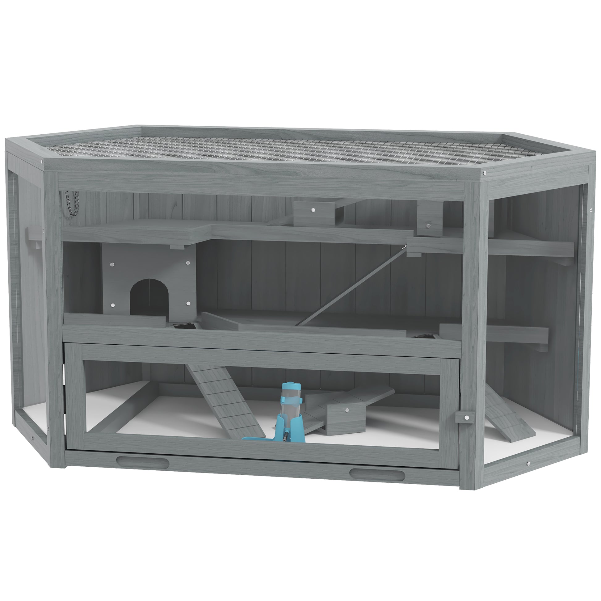 Hamster Cage made of wood 3 floors rodent enclosure small animal cage with foldable lid viewing window ramp food bowl accessories, small animal hutch wooden cage cage for hamster 115x60x55cm Gray