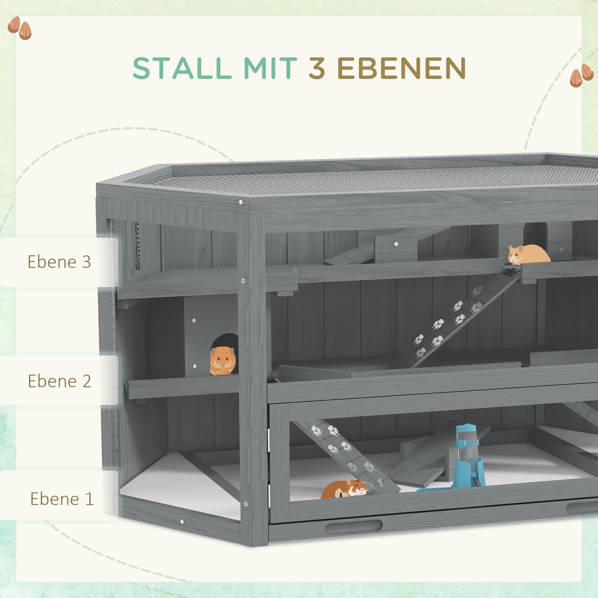 Hamster Cage made of wood 3 floors rodent enclosure small animal cage with foldable lid viewing window ramp food bowl accessories, small animal hutch wooden cage cage for hamster 115x60x55cm Gray