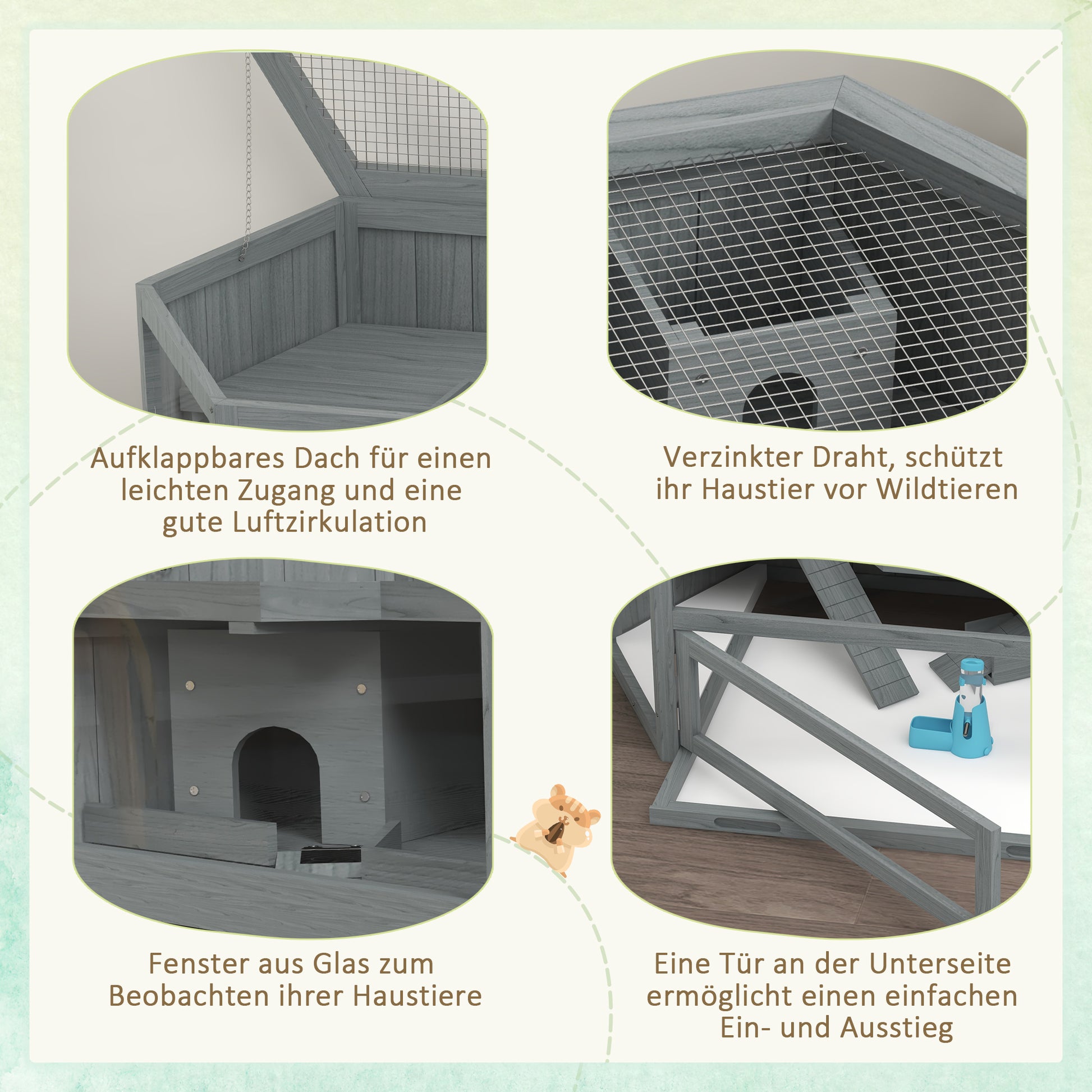 Hamster Cage made of wood 3 floors rodent enclosure small animal cage with foldable lid viewing window ramp food bowl accessories, small animal hutch wooden cage cage for hamster 115x60x55cm Gray