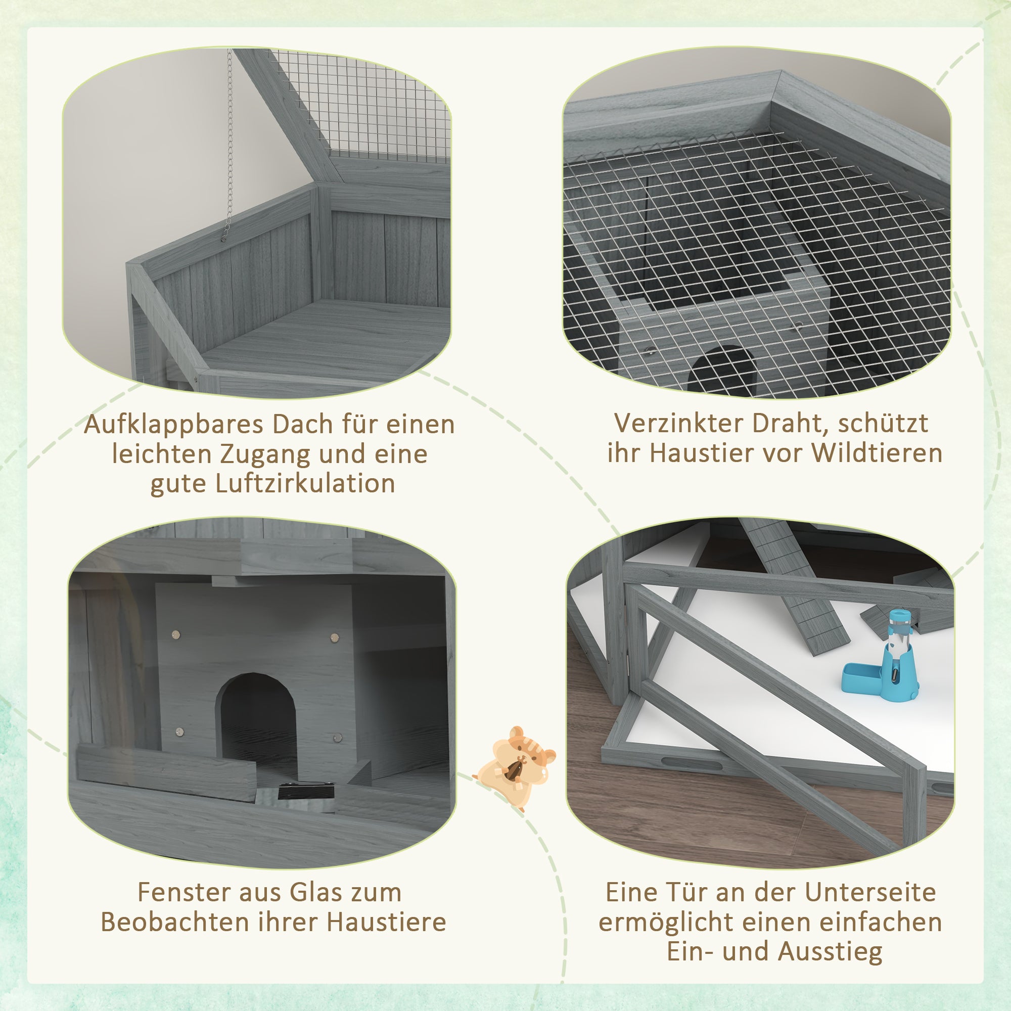 Hamster Cage made of wood 3 floors rodent enclosure small animal cage with foldable lid viewing window ramp food bowl accessories, small animal hutch wooden cage cage for hamster 115x60x55cm Gray