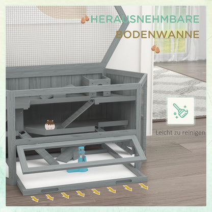 Hamster Cage made of wood 3 floors rodent enclosure small animal cage with foldable lid viewing window ramp food bowl accessories, small animal hutch wooden cage cage for hamster 115x60x55cm Gray